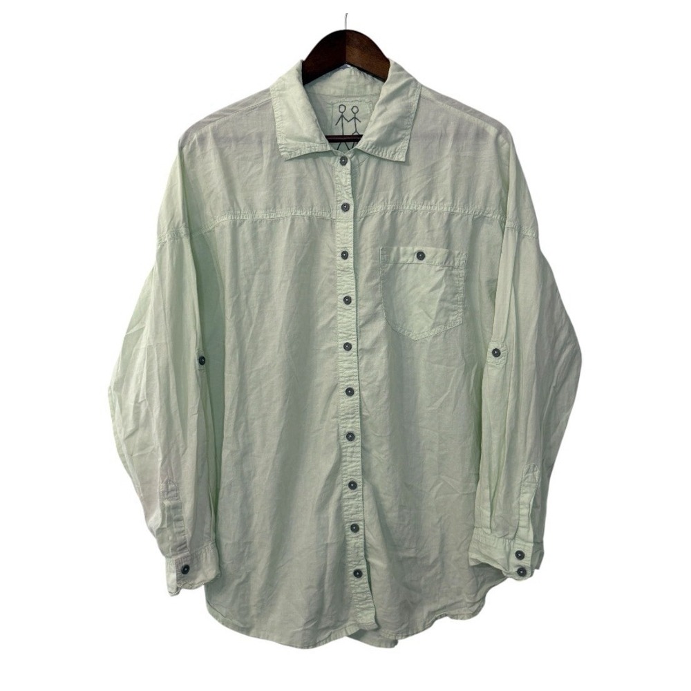 Pete & Greta lightweight cotton shirt women's medium green roll tab button FLAWS